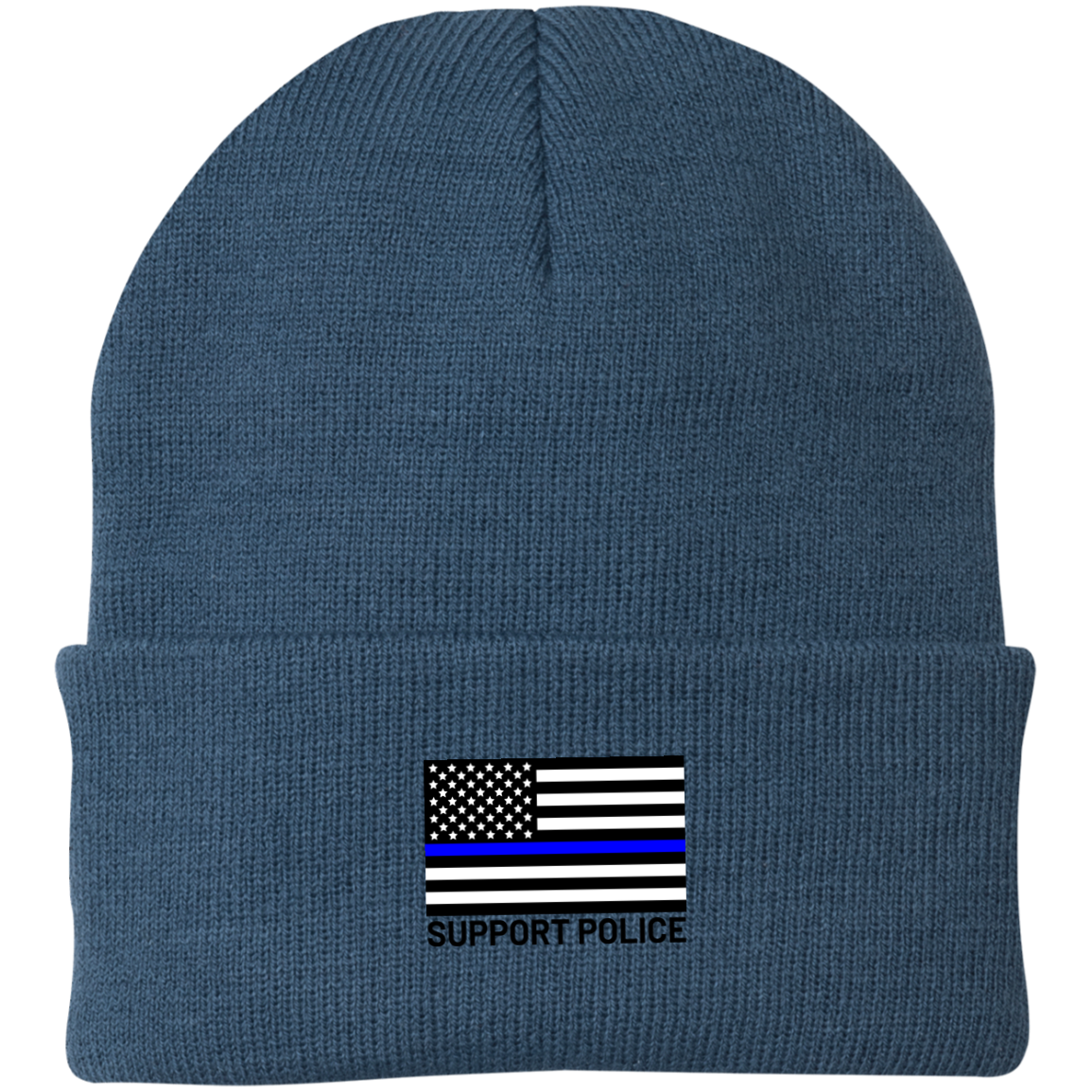 Support Police Law Enforcement Blue Line American Flag Beanie Cap