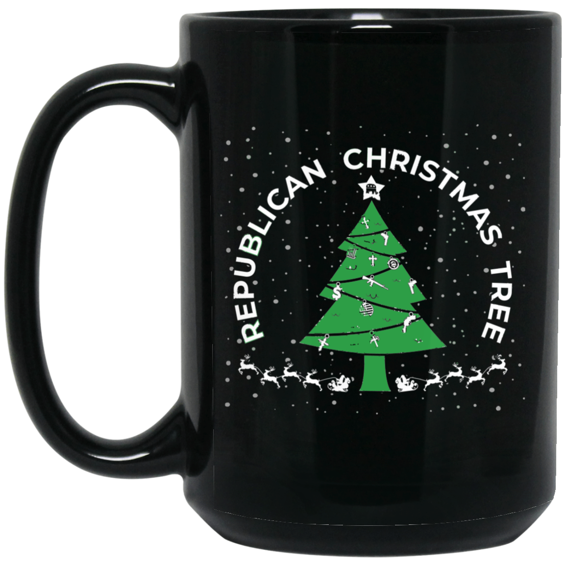 Wheel Spin Addict 15 oz Mug, Republican Christmas Tree God Guns Religion Black Mug