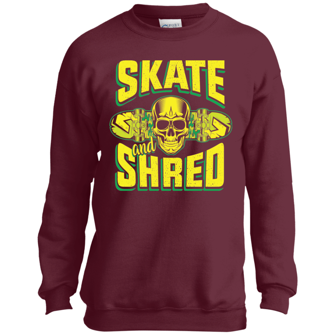 Skate and Shred Skateboarding Skull Youth Crewneck Sweatshirt
