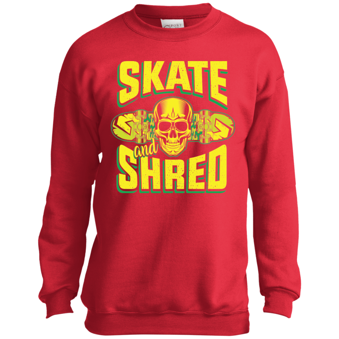 Skate and Shred Skateboarding Skull Youth Crewneck Sweatshirt