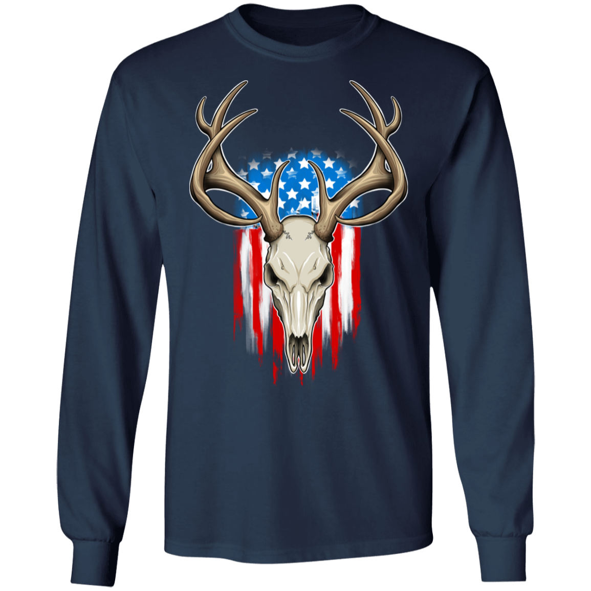 Hunting Skull American Flag Long Sleeve T-Shirt