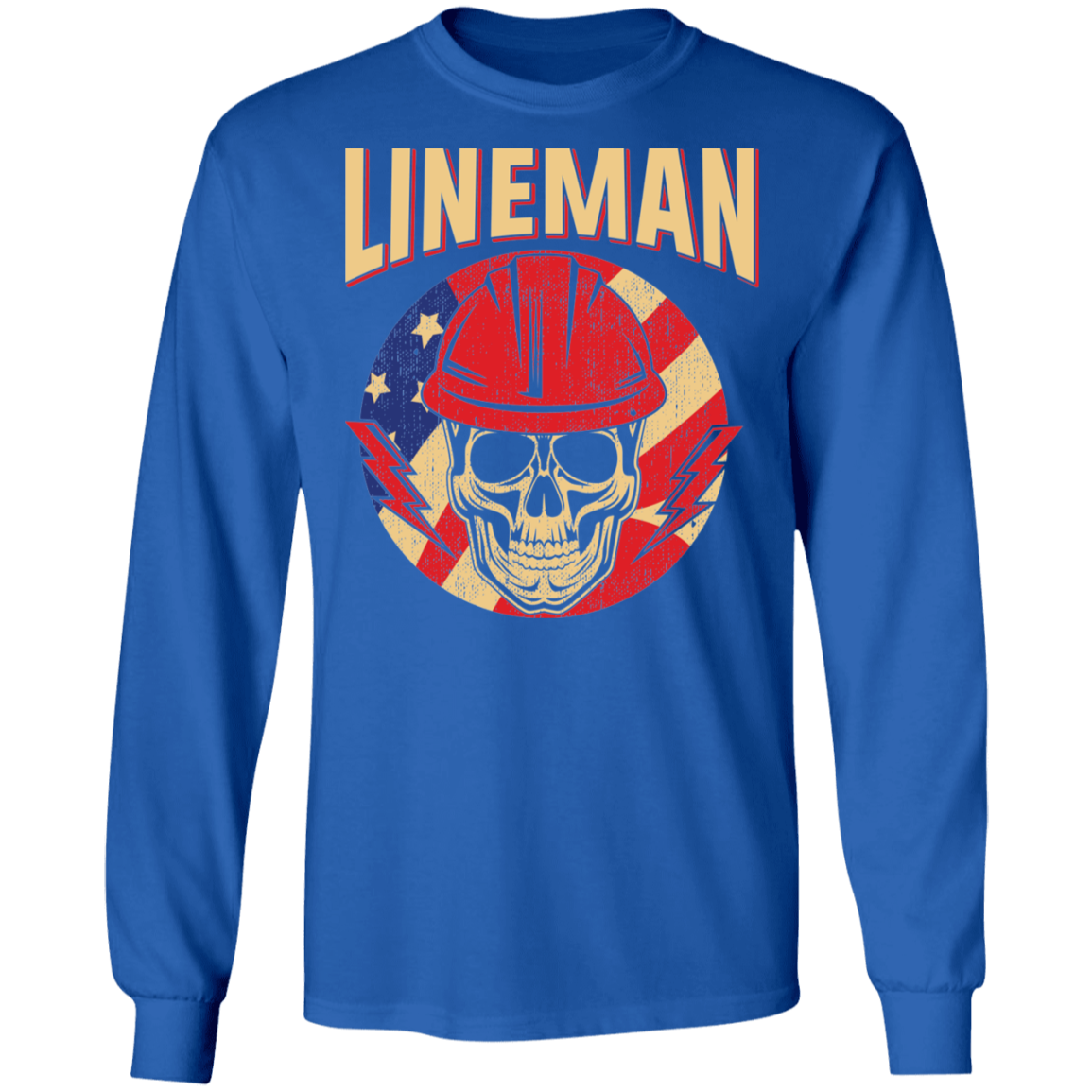 Lineman American Flag Skull Long Sleeve T-Shirt