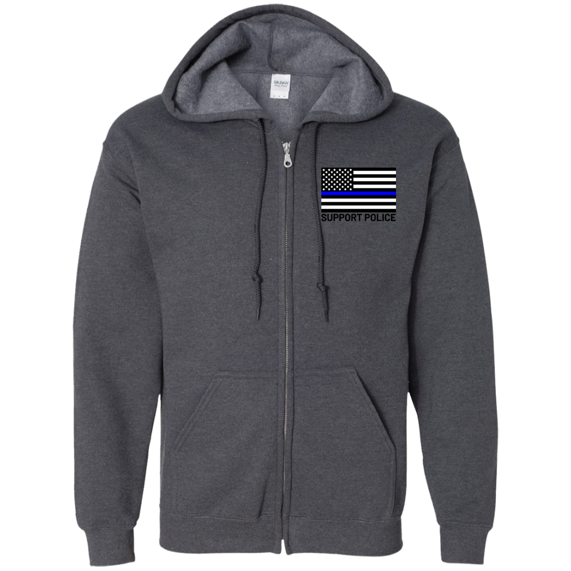 Support Police Thin Blue Line American Flag Zip Up Hooded Sweatshirt