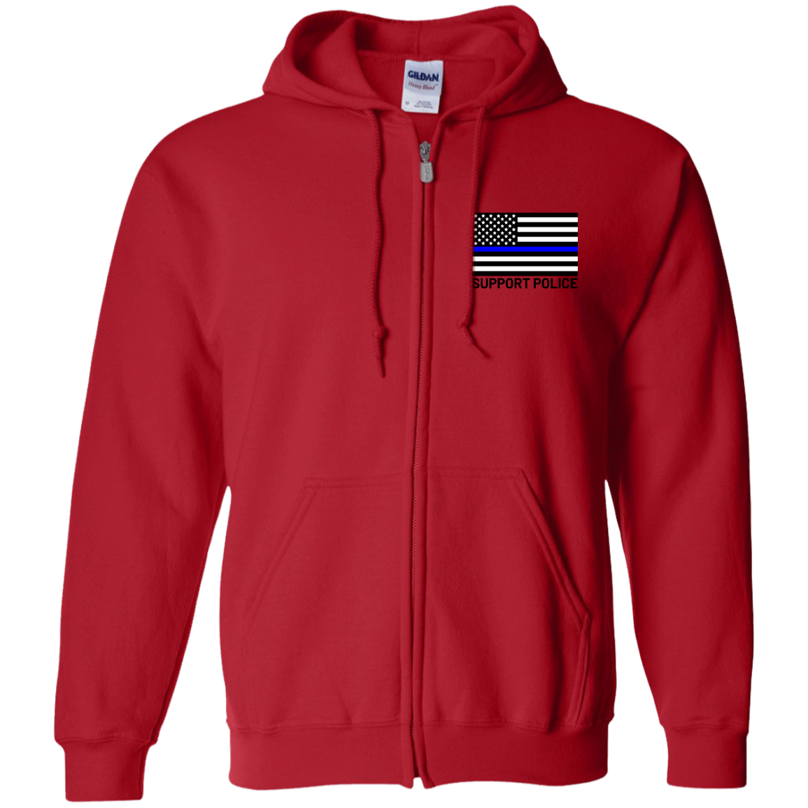 Support Police Thin Blue Line American Flag Zip Up Hooded Sweatshirt
