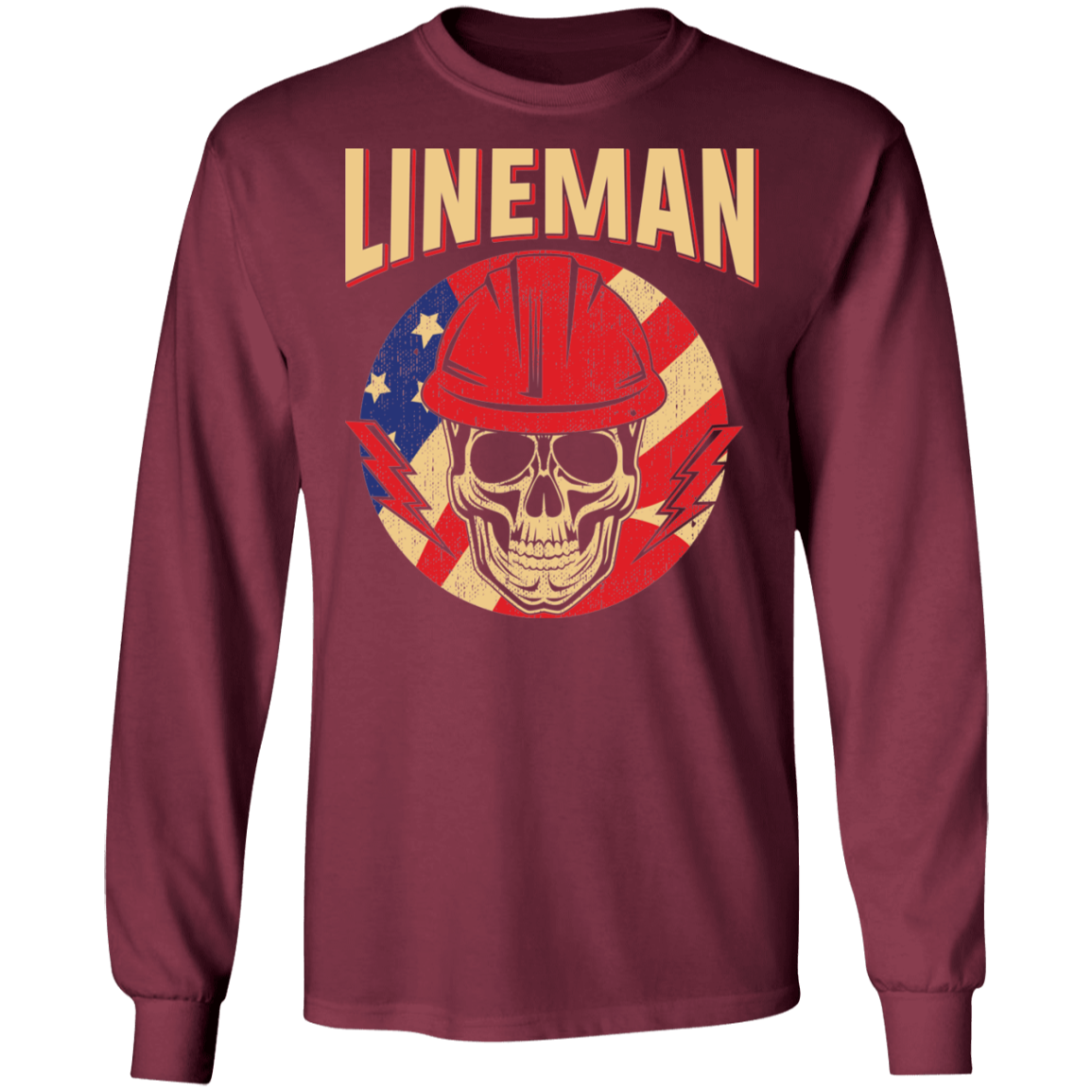 Lineman American Flag Skull Long Sleeve T-Shirt