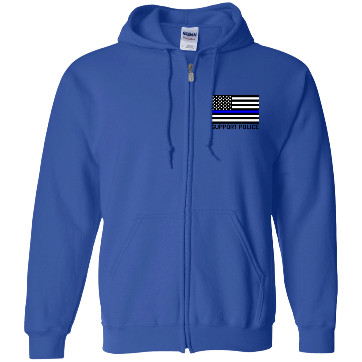 Support Police Thin Blue Line American Flag Zip Up Hooded Sweatshirt