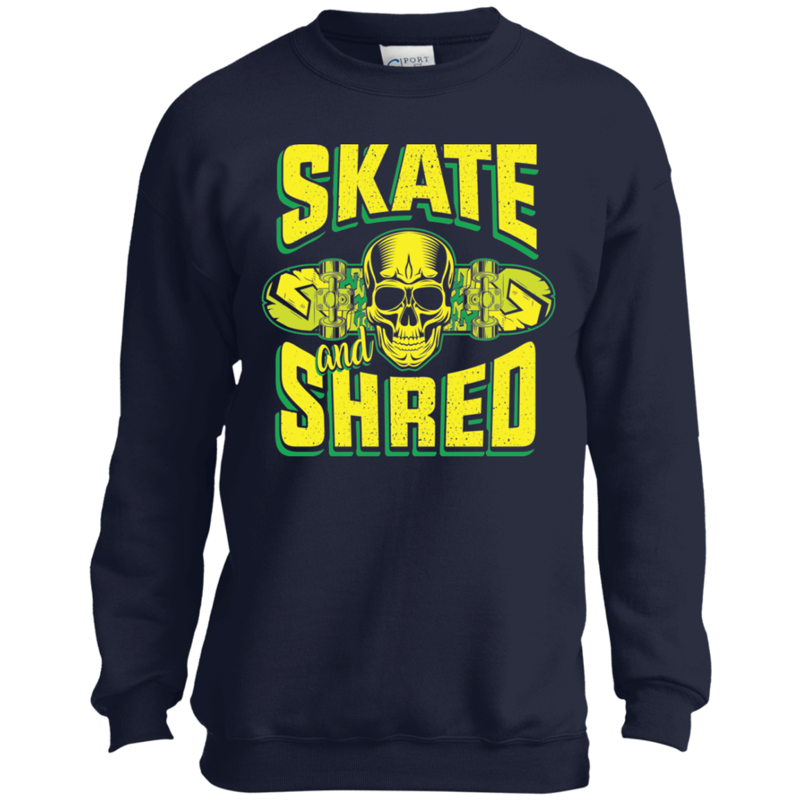 Skate and Shred Skateboarding Skull Youth Crewneck Sweatshirt