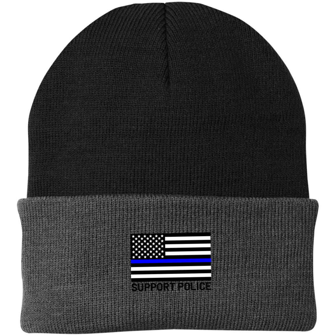 Support Police Law Enforcement Blue Line American Flag Beanie Cap