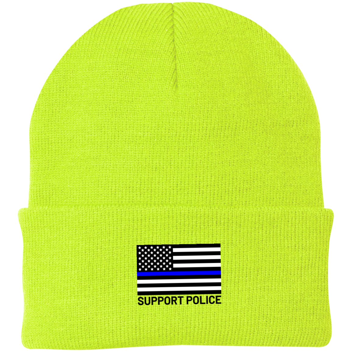 Support Police Law Enforcement Blue Line American Flag Beanie Cap
