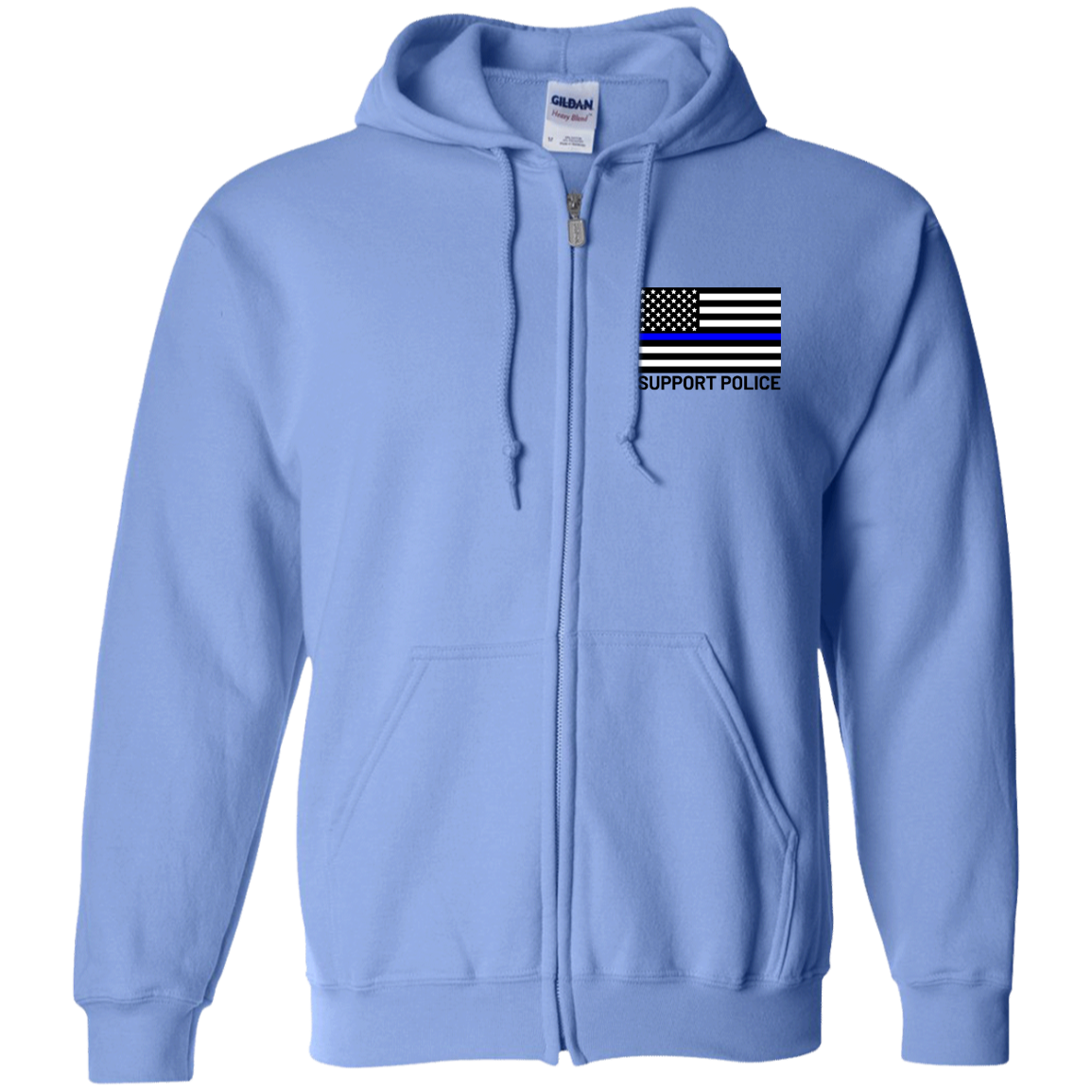 Support Police Thin Blue Line American Flag Zip Up Hooded Sweatshirt
