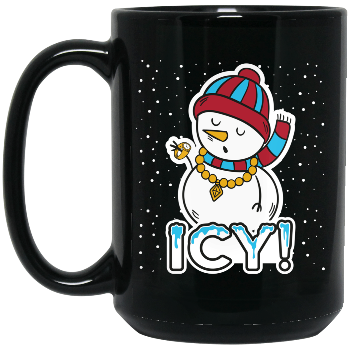 Wheel Spin Addict 15 oz Mug, Icy Snowman Christmas Black Mug