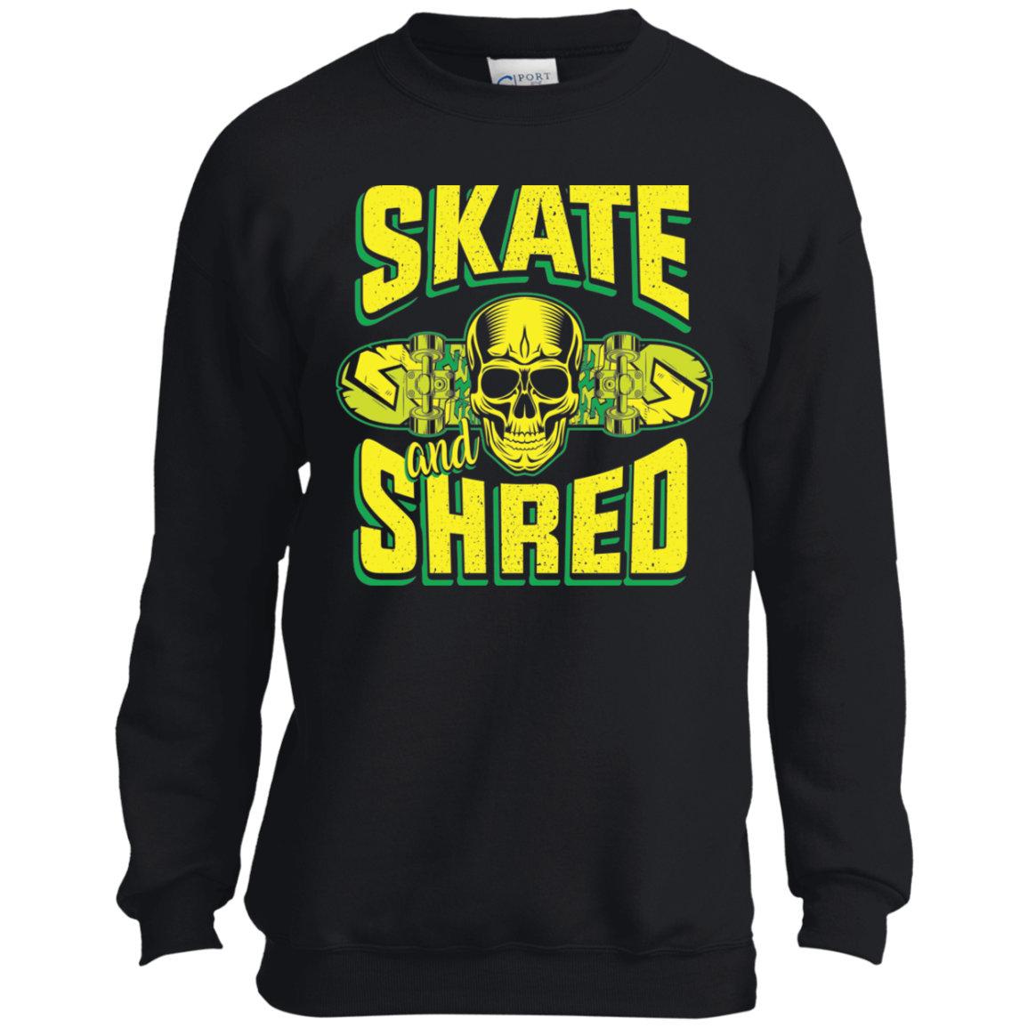 Skate and Shred Skateboarding Skull Youth Crewneck Sweatshirt