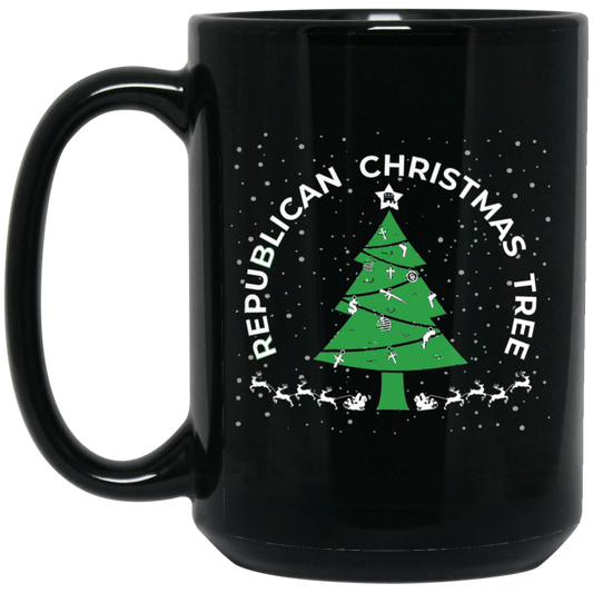 Wheel Spin Addict 15 oz Mug, Republican Christmas Tree God Guns Religion Black Mug