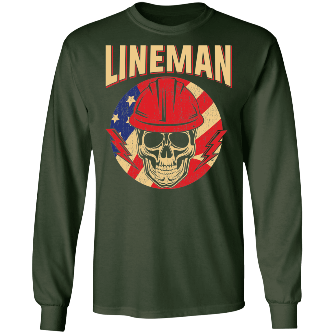 Lineman American Flag Skull Long Sleeve T-Shirt