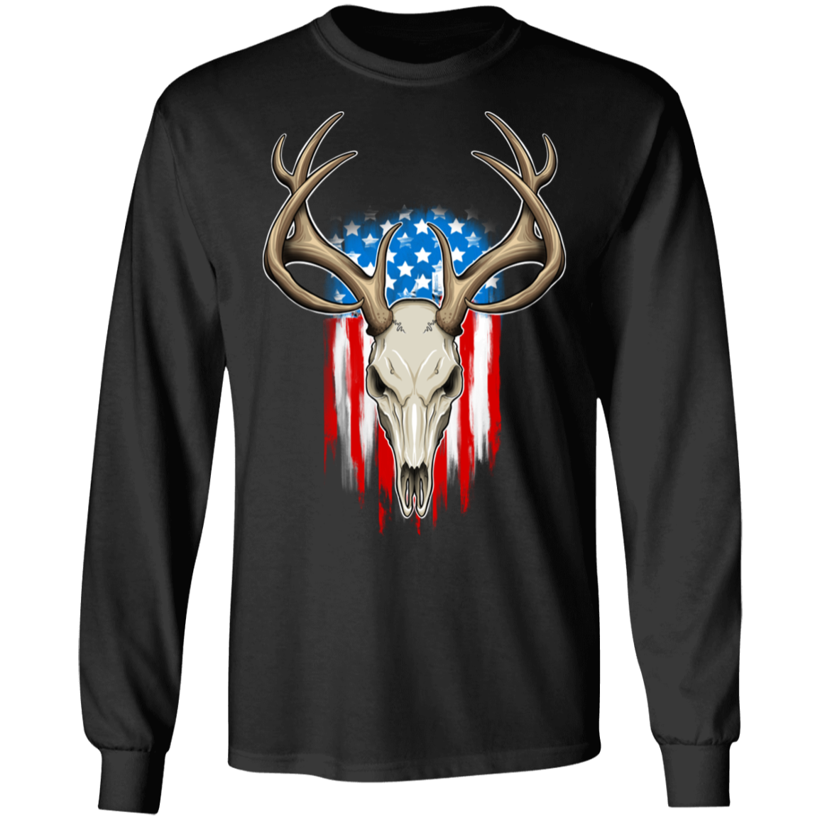 Hunting Skull American Flag Long Sleeve T-Shirt
