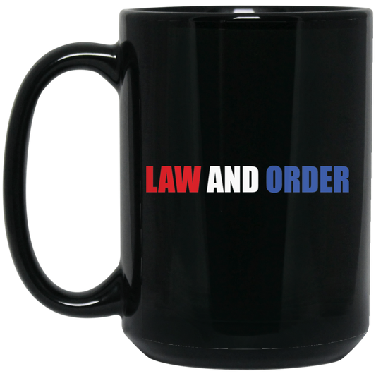 Wheel Spin Addict 15 oz Mug, Law and Order Red White and Blue Black Mug