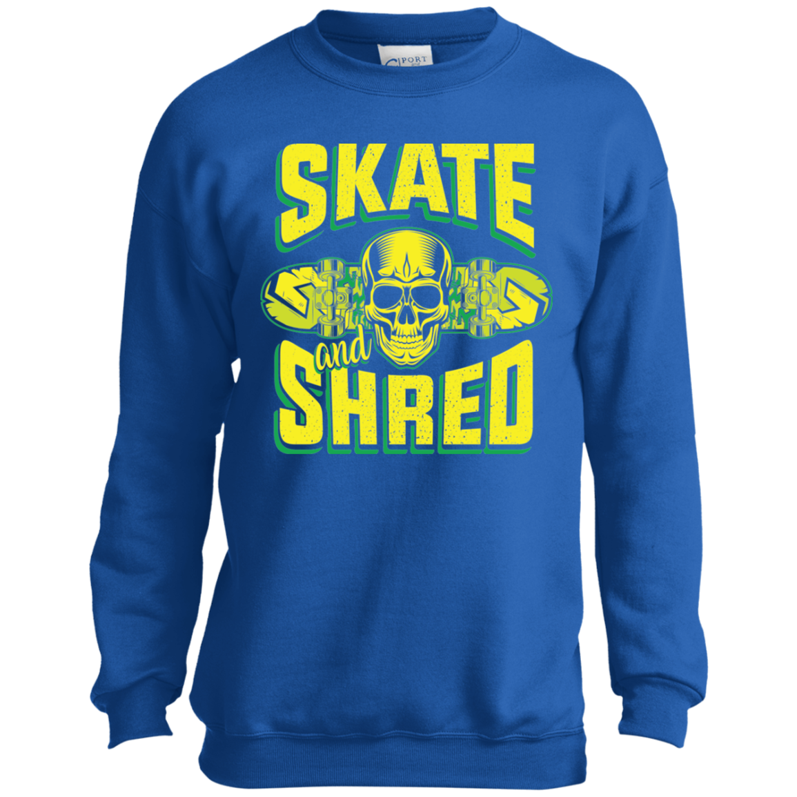 Skate and Shred Skateboarding Skull Youth Crewneck Sweatshirt