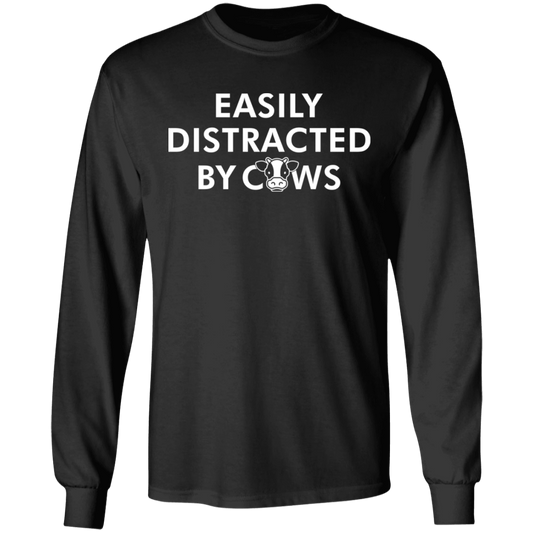 Easily Distracted By Cows Funny Farming Long Sleeve T-Shirt