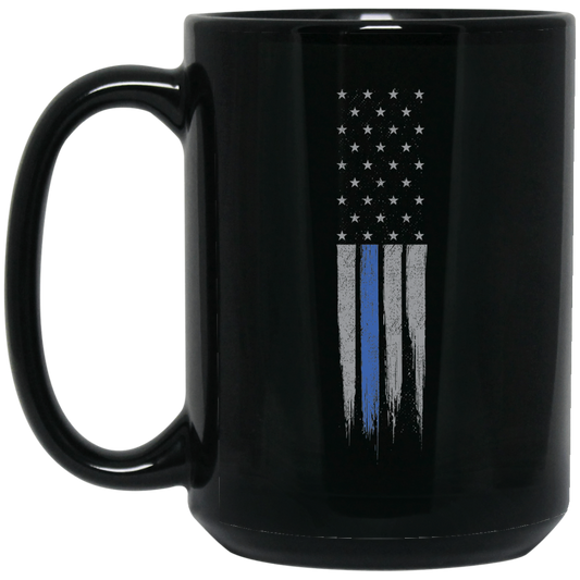 Wheel Spin Addict 15 oz Mug, Police Thin Blue Line American Flag Black Mug