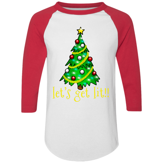 Let's Get Lit!! Christmas Tree Funny Ugly Christmas Baseball Raglan T-Shirt