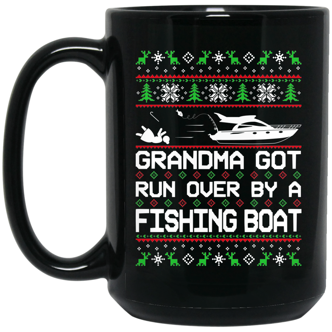 Wheel Spin Addict Fishing Boat Christmas 15 oz. Black Mug