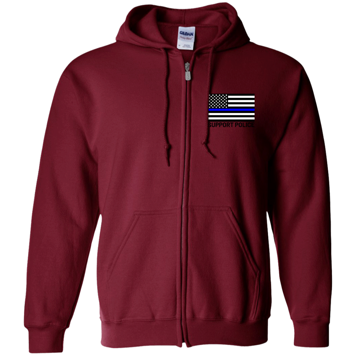 Support Police Thin Blue Line American Flag Zip Up Hooded Sweatshirt