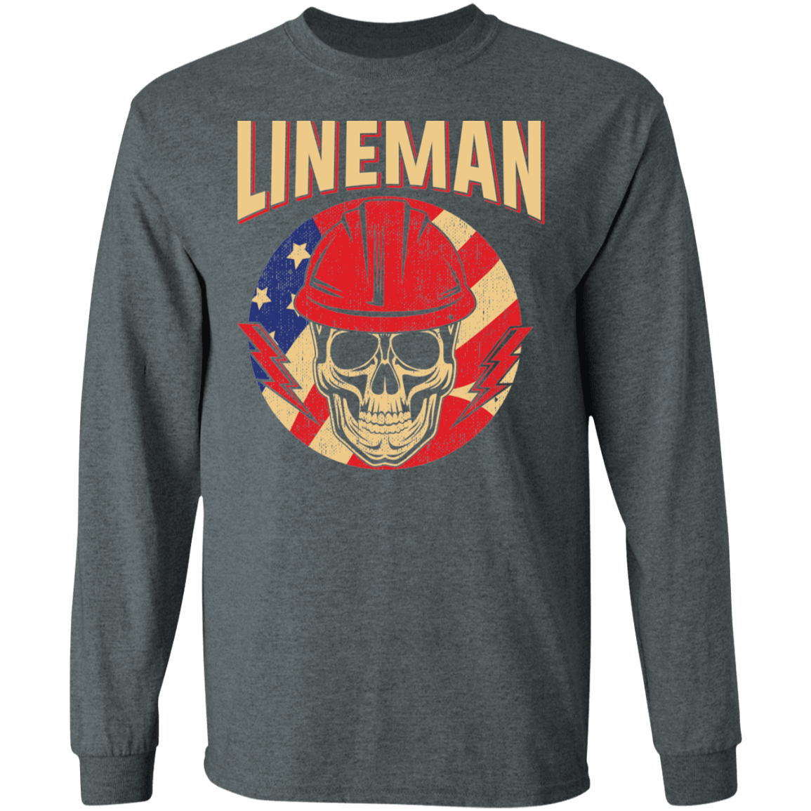 Lineman American Flag Skull Long Sleeve T-Shirt