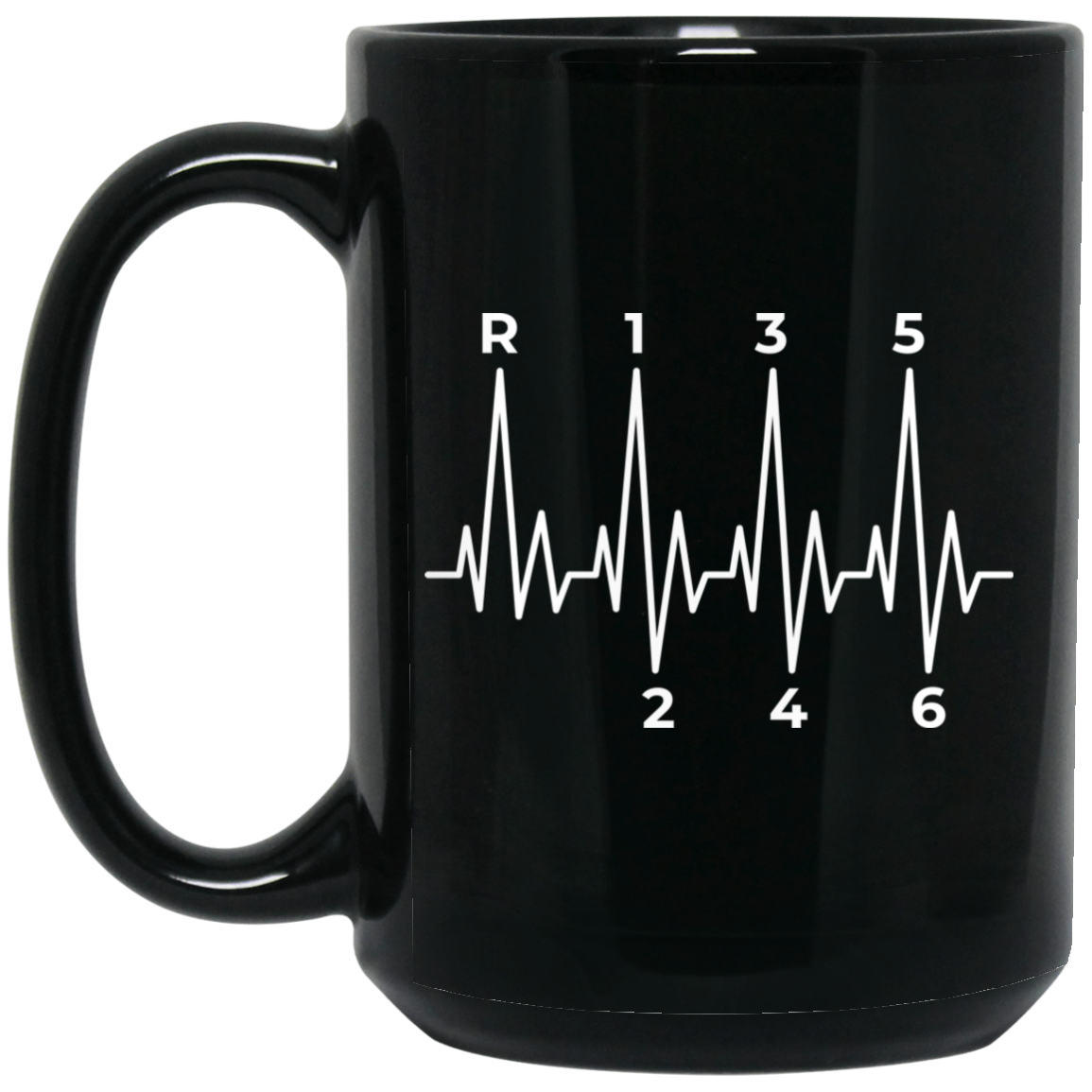 Wheel Spin Addict 15 oz Mug, 6-Speed Manual Stick Shift Heartbeat Black Mug