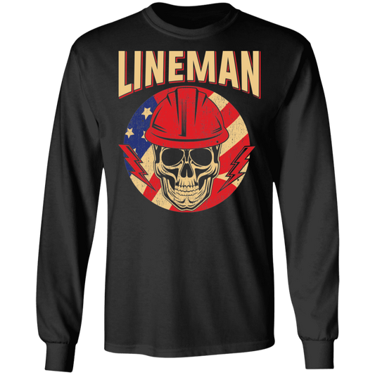 Lineman American Flag Skull Long Sleeve T-Shirt