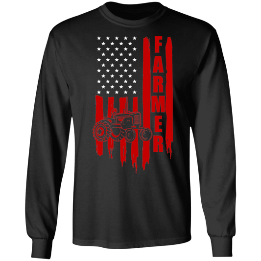 Farmer American Flag Tractor Long Sleeve T-Shirt