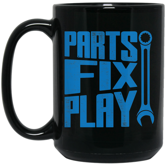 Wheel Spin Addict 15 oz Mug, Parts Fix Play Mechanic Automotive Black Mug