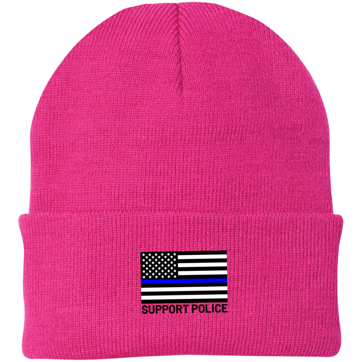 Support Police Law Enforcement Blue Line American Flag Beanie Cap