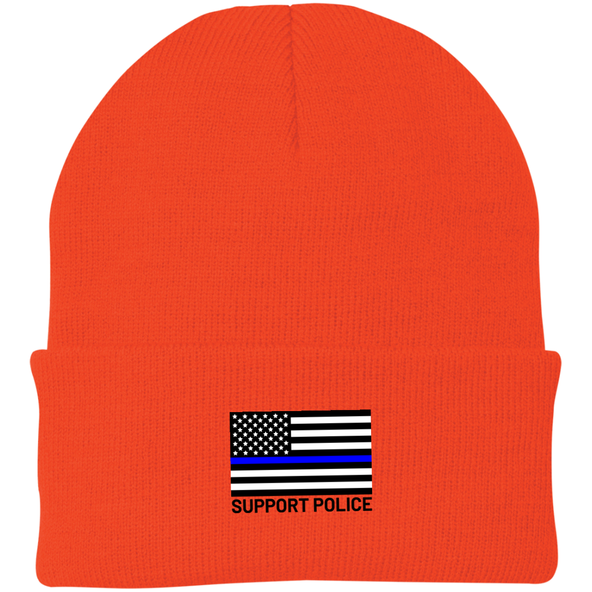 Support Police Law Enforcement Blue Line American Flag Beanie Cap
