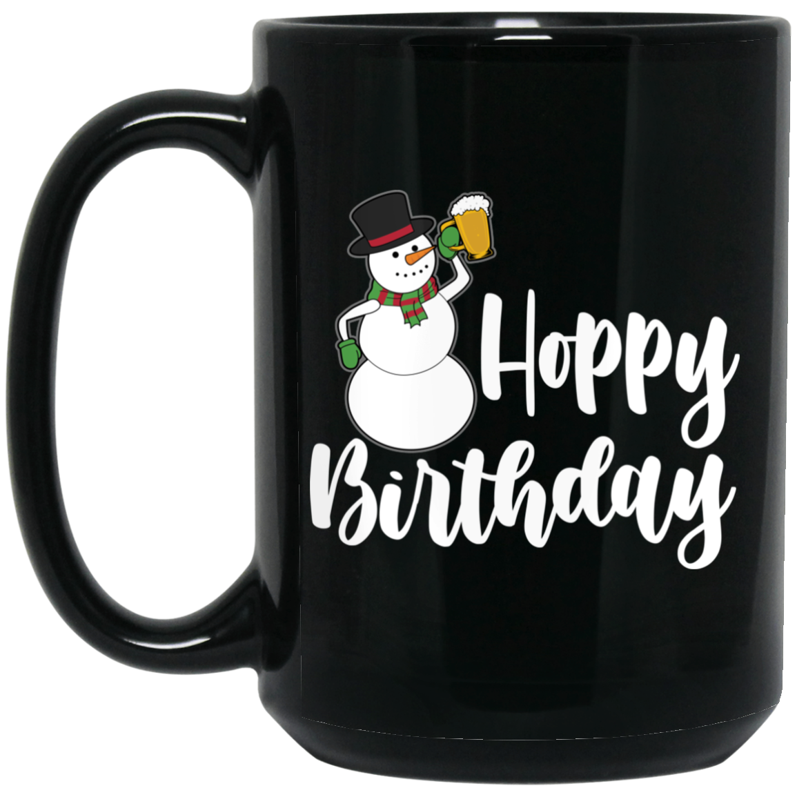Wheel Spin Addict 15 oz Mug, Hoppy Birthday Snowman Christmas Black Mug