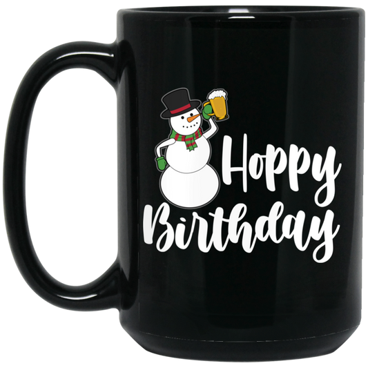 Wheel Spin Addict 15 oz Mug, Hoppy Birthday Snowman Christmas Black Mug