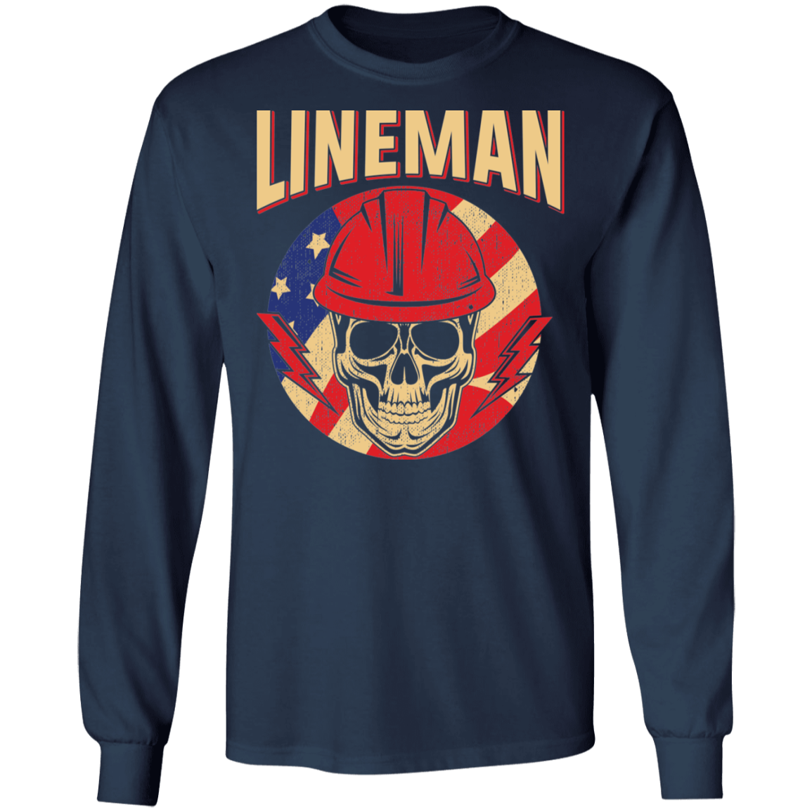 Lineman American Flag Skull Long Sleeve T-Shirt