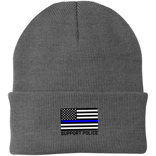 Support Police Law Enforcement Blue Line American Flag Beanie Cap