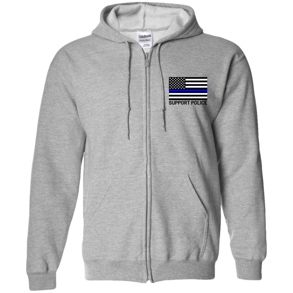 Support Police Thin Blue Line American Flag Zip Up Hooded Sweatshirt
