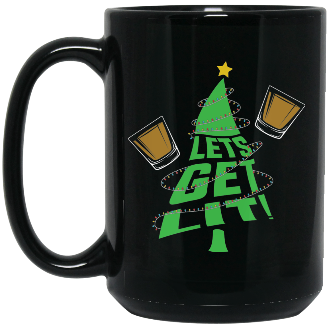 Wheel Spin Addict 15 oz Mug, Let's Get Lit Christmas Tree Black Mug