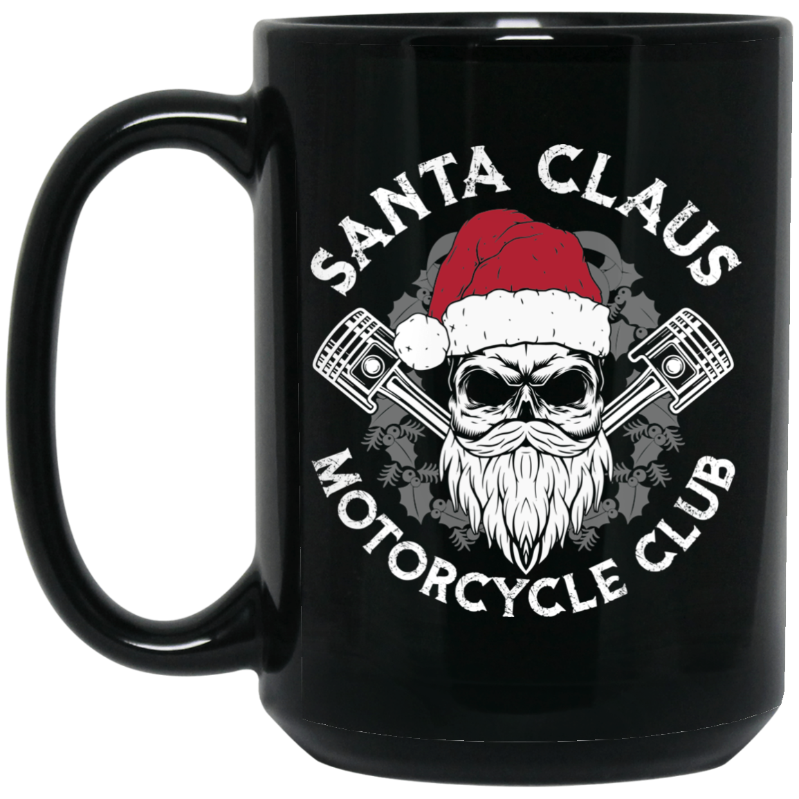 Wheel Spin Addict 15 oz Mug, Santa Claus Motorcycle Club Christmas Black Mug