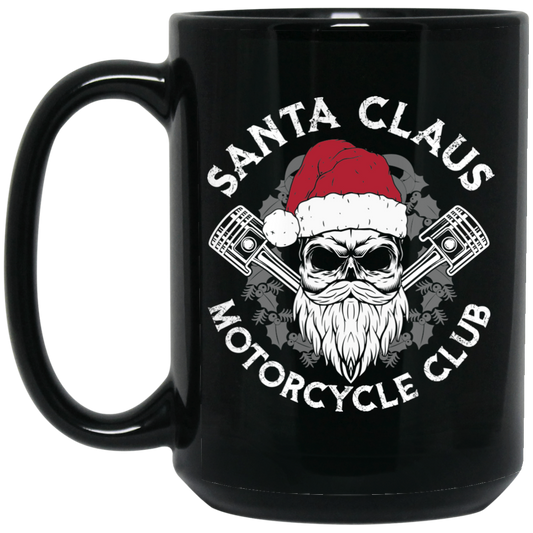 Wheel Spin Addict 15 oz Mug, Santa Claus Motorcycle Club Christmas Black Mug