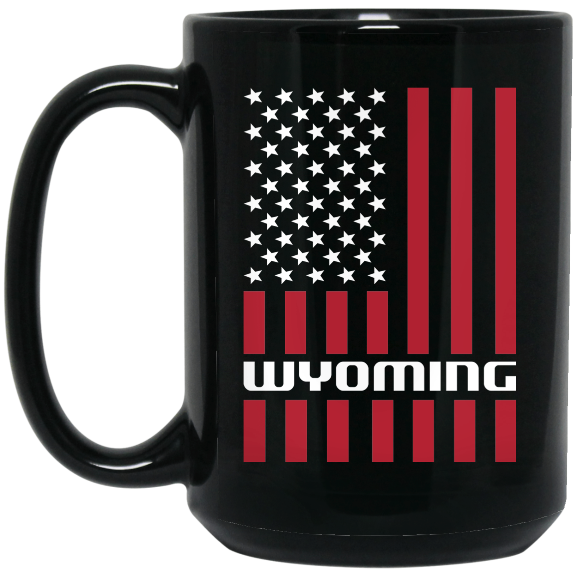 Wheel Spin Addict 15 oz Mug, Wyoming American Flag Black Mug