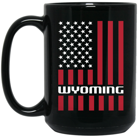 Wheel Spin Addict 15 oz Mug, Wyoming American Flag Black Mug