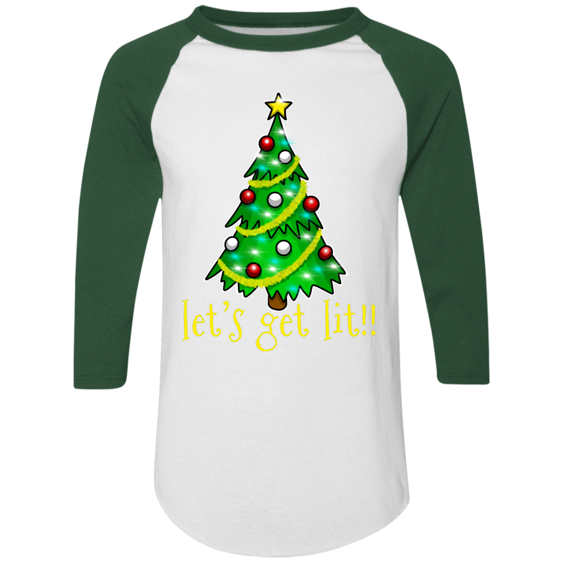 Let's Get Lit!! Christmas Tree Funny Ugly Christmas Baseball Raglan T-Shirt
