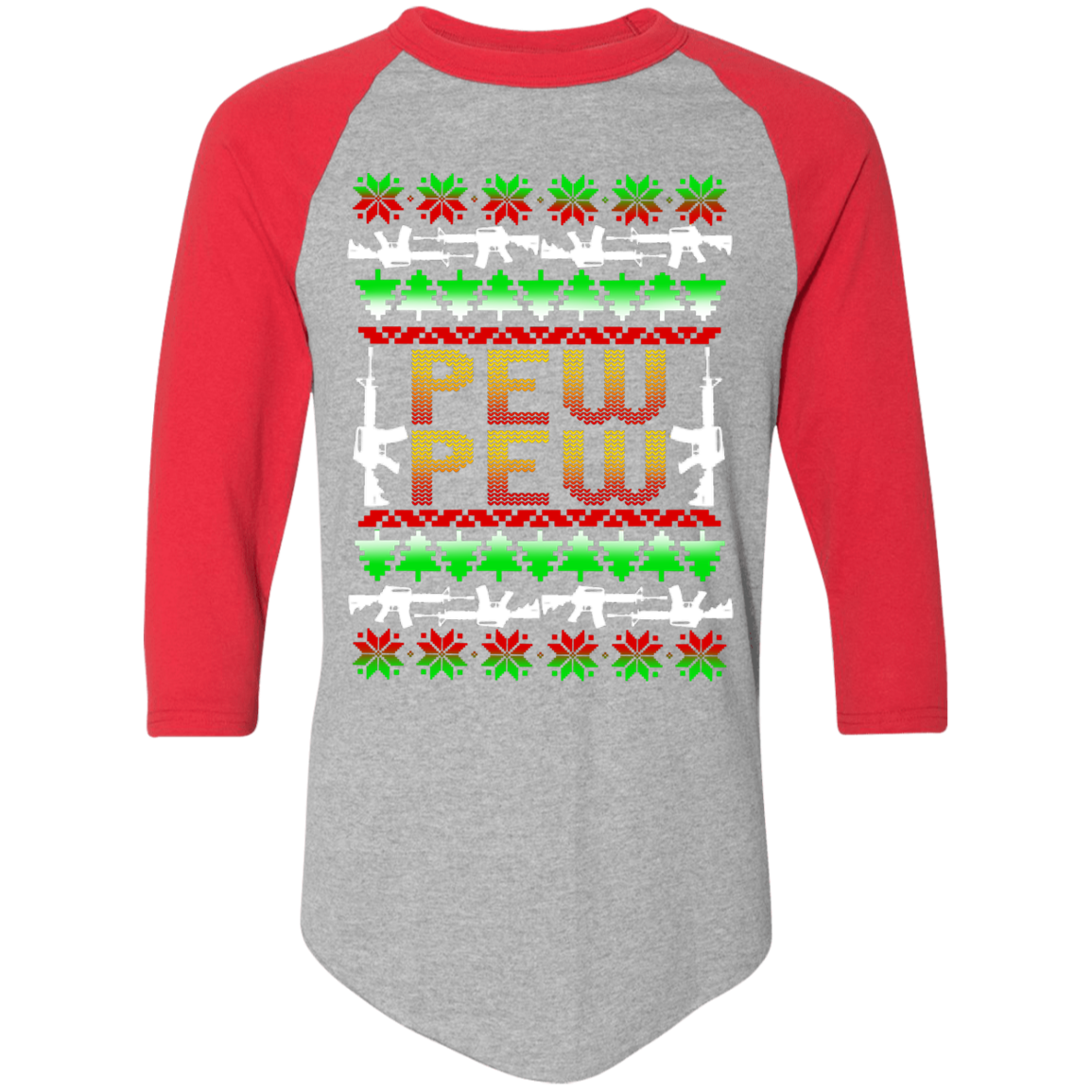 Pew Pew Rifle Firearm Ugly Christmas Baseball Raglan T-Shirt